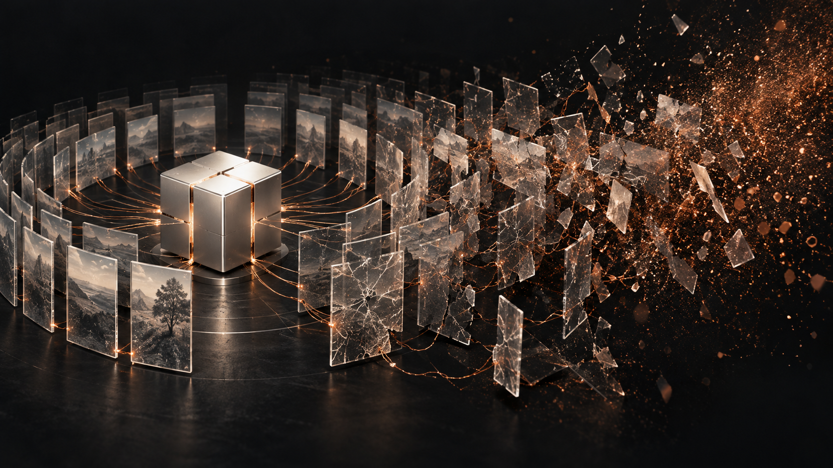 An intact computational core surrounded by fragmenting memory records.