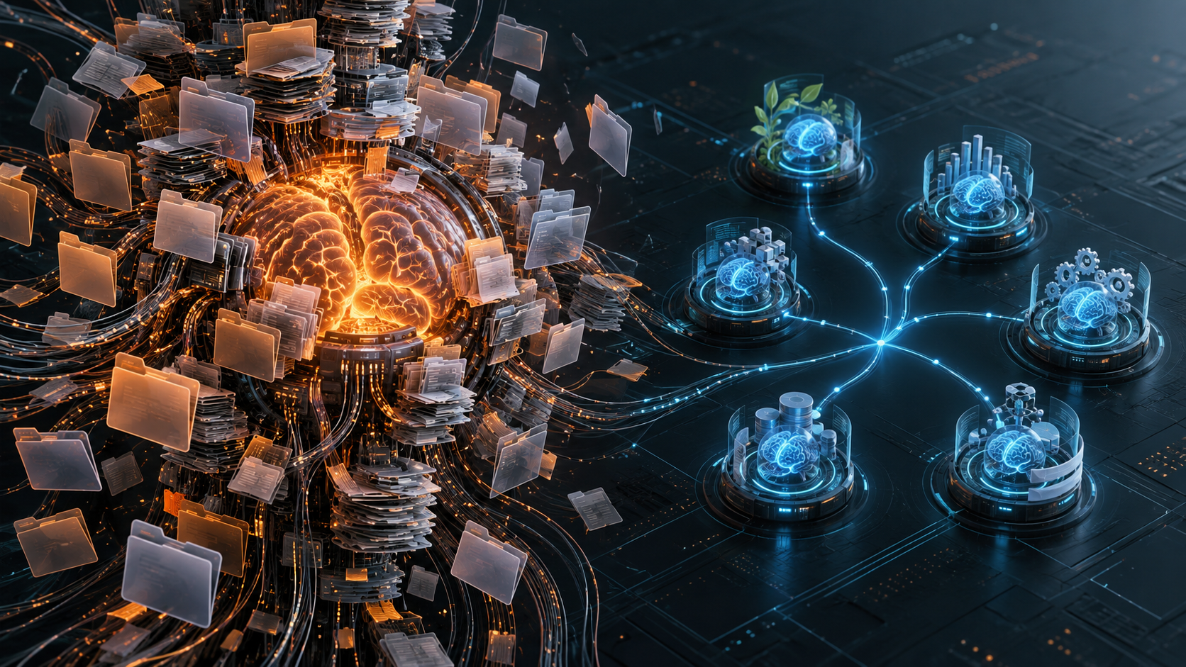 A monolithic AI core contrasted with a network of smaller specialist systems.